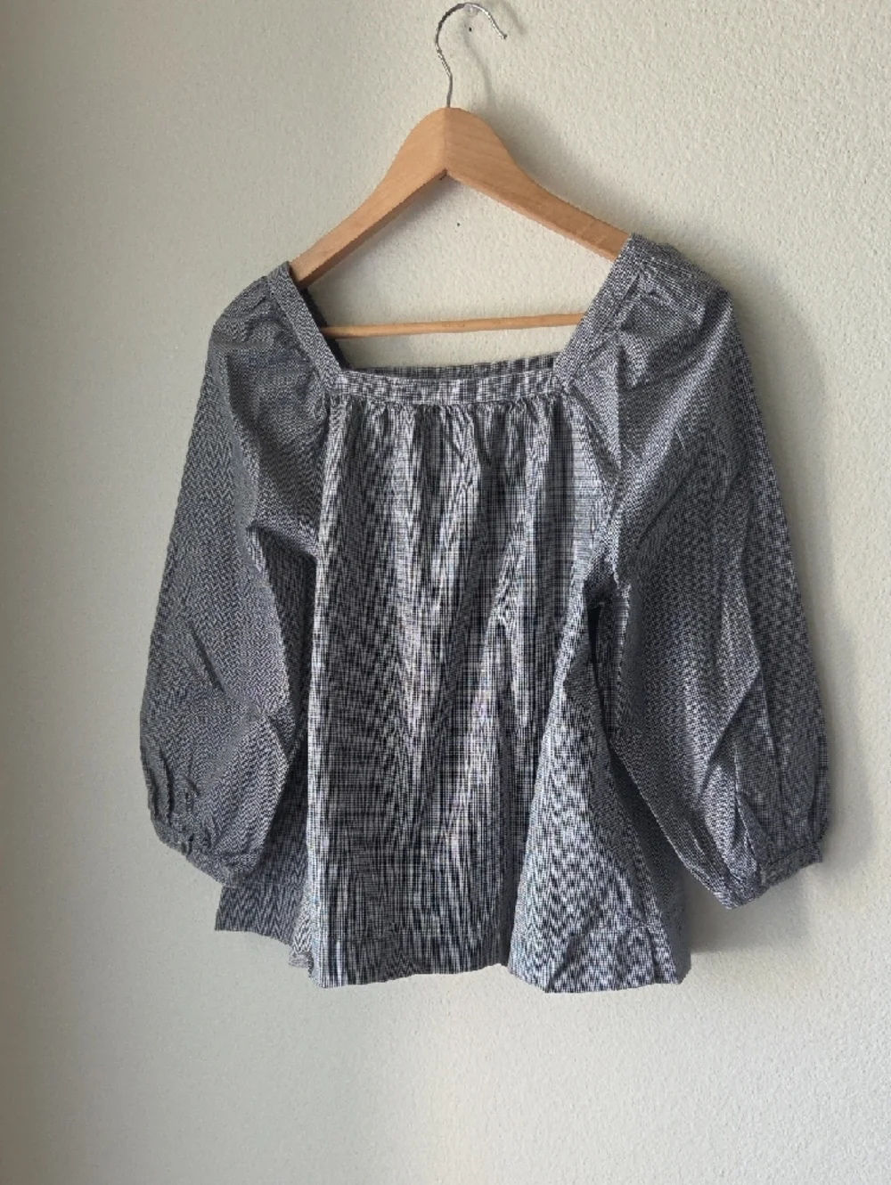 J. Crew Gray Checked Square Neck Peasant Blouse 100% Cotton Sz 8 Boho Cottage